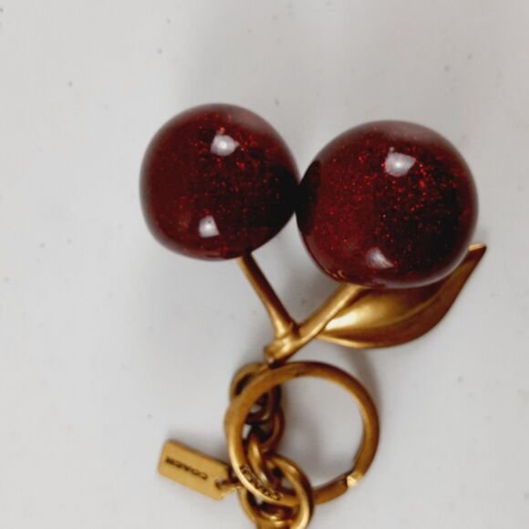Coach Cherries Keyfob Brushed Antique Brass & Solid Resin Cherries Charm 5" - Picture 13 of 13